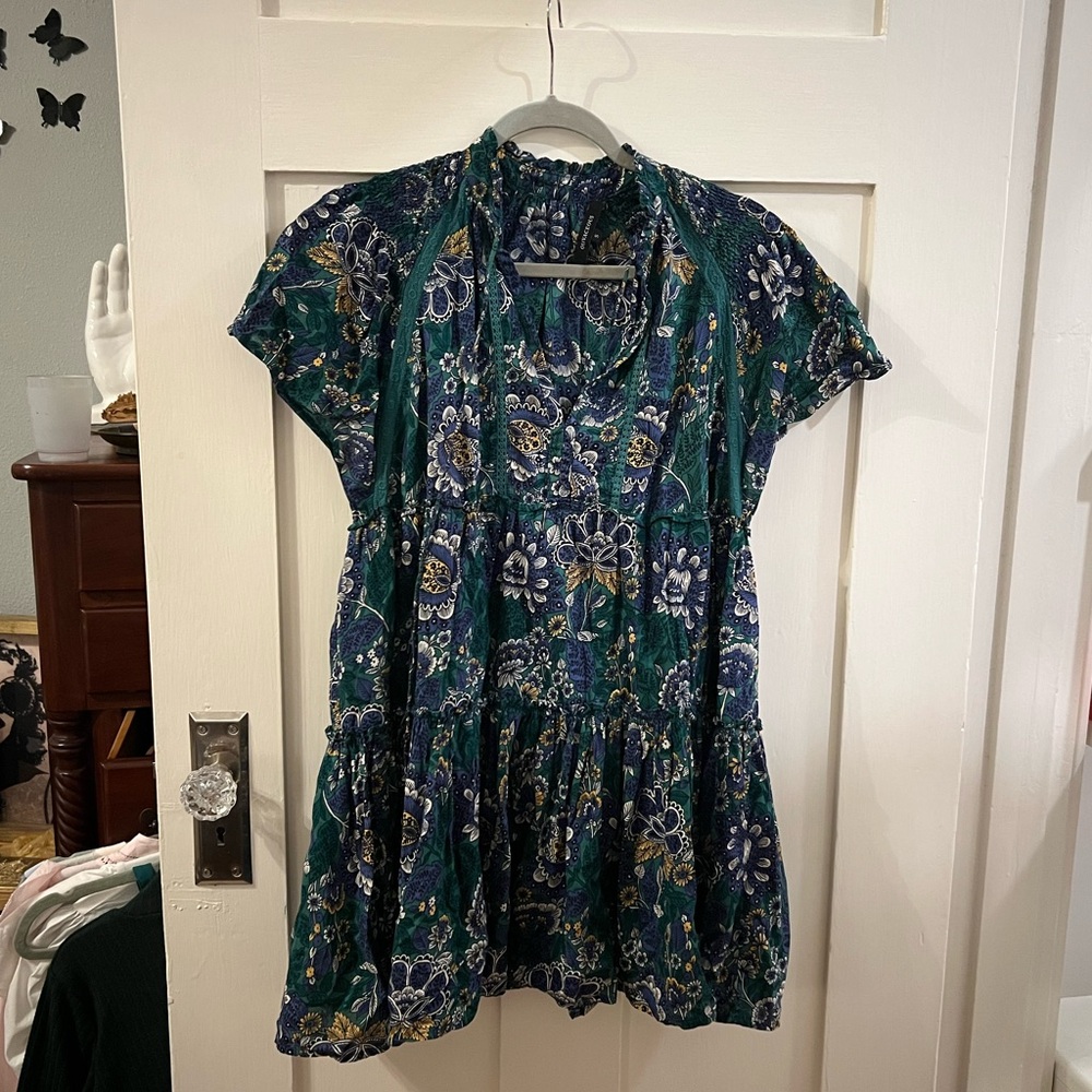 Olivaceous Blue and Green Floral Babydoll Dress